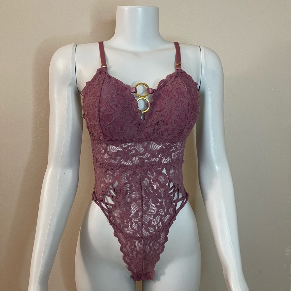 Mauve pink mesh removable pads ring lace teddy bodysuit